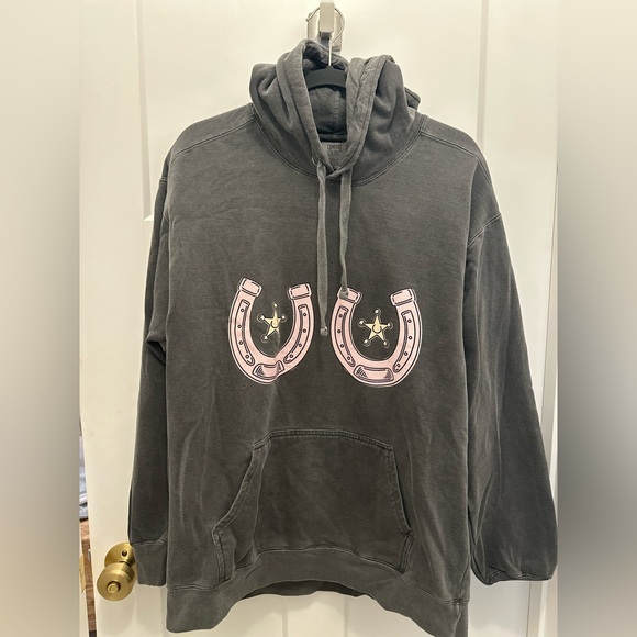 Tops - Grey Hoodie with Pink Horseshoe Design saying on the back western fashion